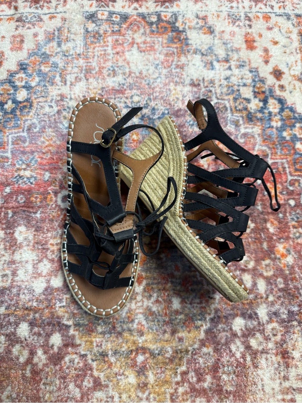 Black Strappy Espadrille Wedge Sandals Size 7.5 Lace Up